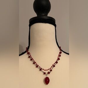 Vintage Double Strand Red Bead Necklace 17” Good Pre-Owned Condition